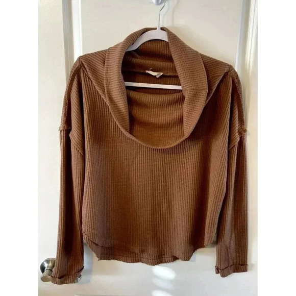 Mia Joy waffle knit Top Womens Size S Long Sleeves cowl Neck camel Brown NEW - Picture 1 of 5